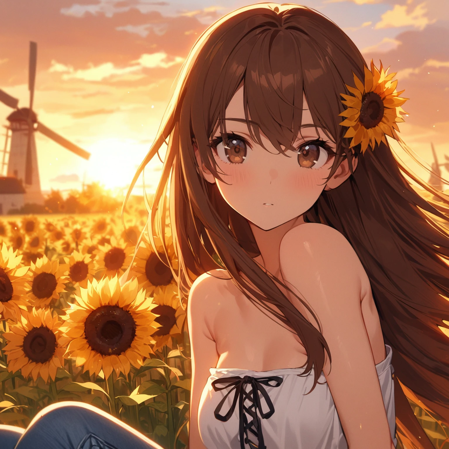 Hinata wearing a crossover red top and short red miniskirt standing leaning back on a big fence with sunflower field behind the model and Bright sun in the sky (Best quality)(Full body)(mild sweating)(Venus brand name on clothes)