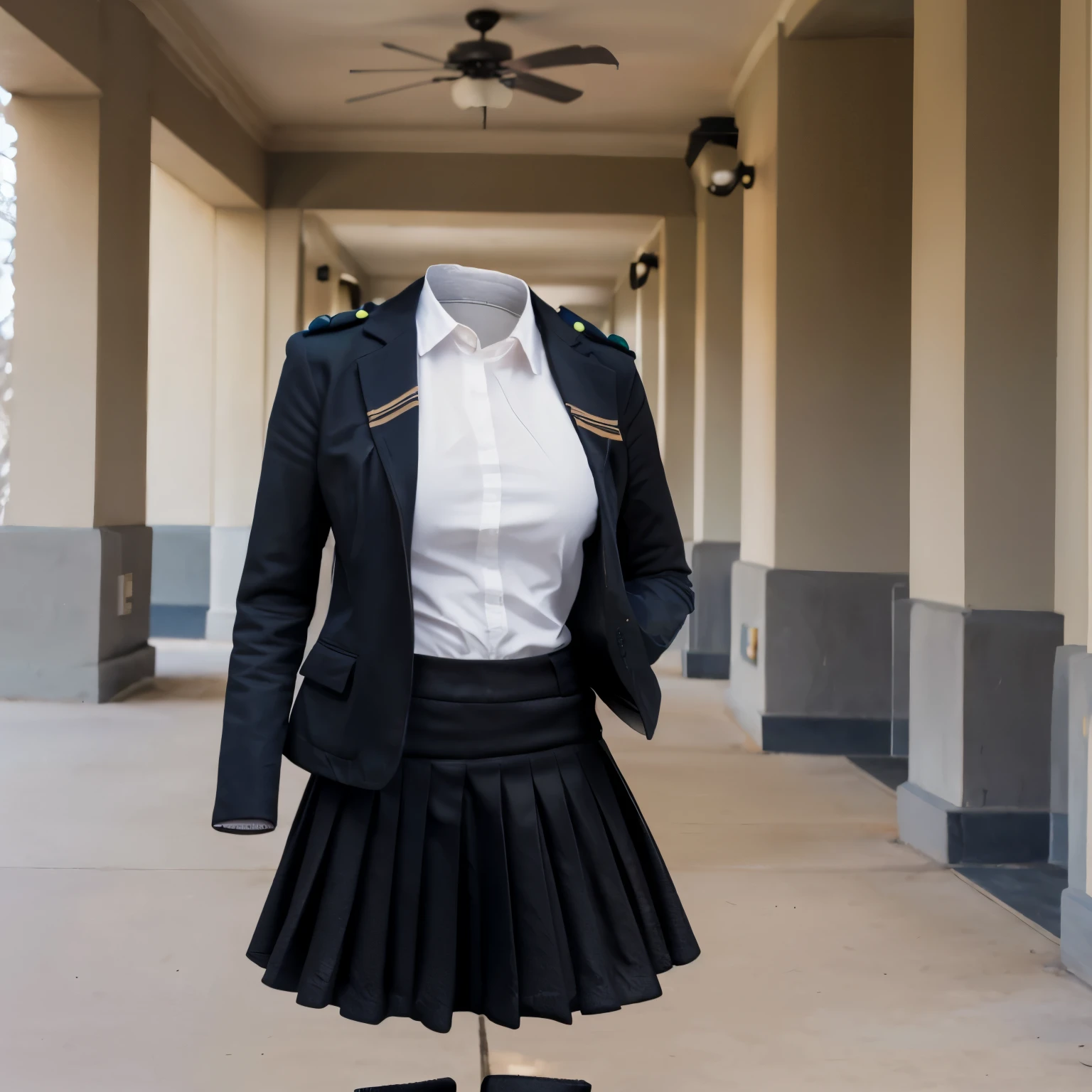 (invisible, no humans, headless, handless, faceless:1.5),cute big breasts, dynamic angle, white shirt, pleated skirt, striped necktie, collared shirt, black jacket, black skirt, long sleeves, school uniform, black socks, sarashina ruka, best quality, high resolution, (8k, RAW photo, best quality, masterpiece:1.2), (realistic, photo-realistic:1.37), photon mapping, radiosity, ((Hasselblad photography)), physically-based rendering