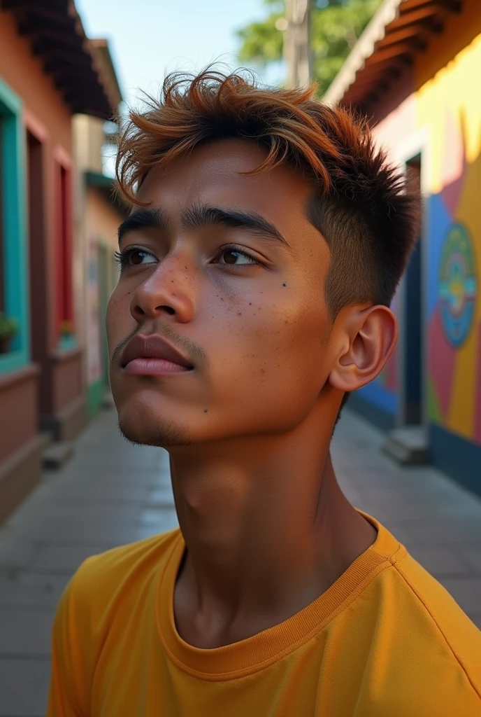 A boy with drooping eyes, black eyebrows, short reddish-yellow hair, freckles on his face and a mole next to his mouth, a 20-year-old Venezuelan national. 