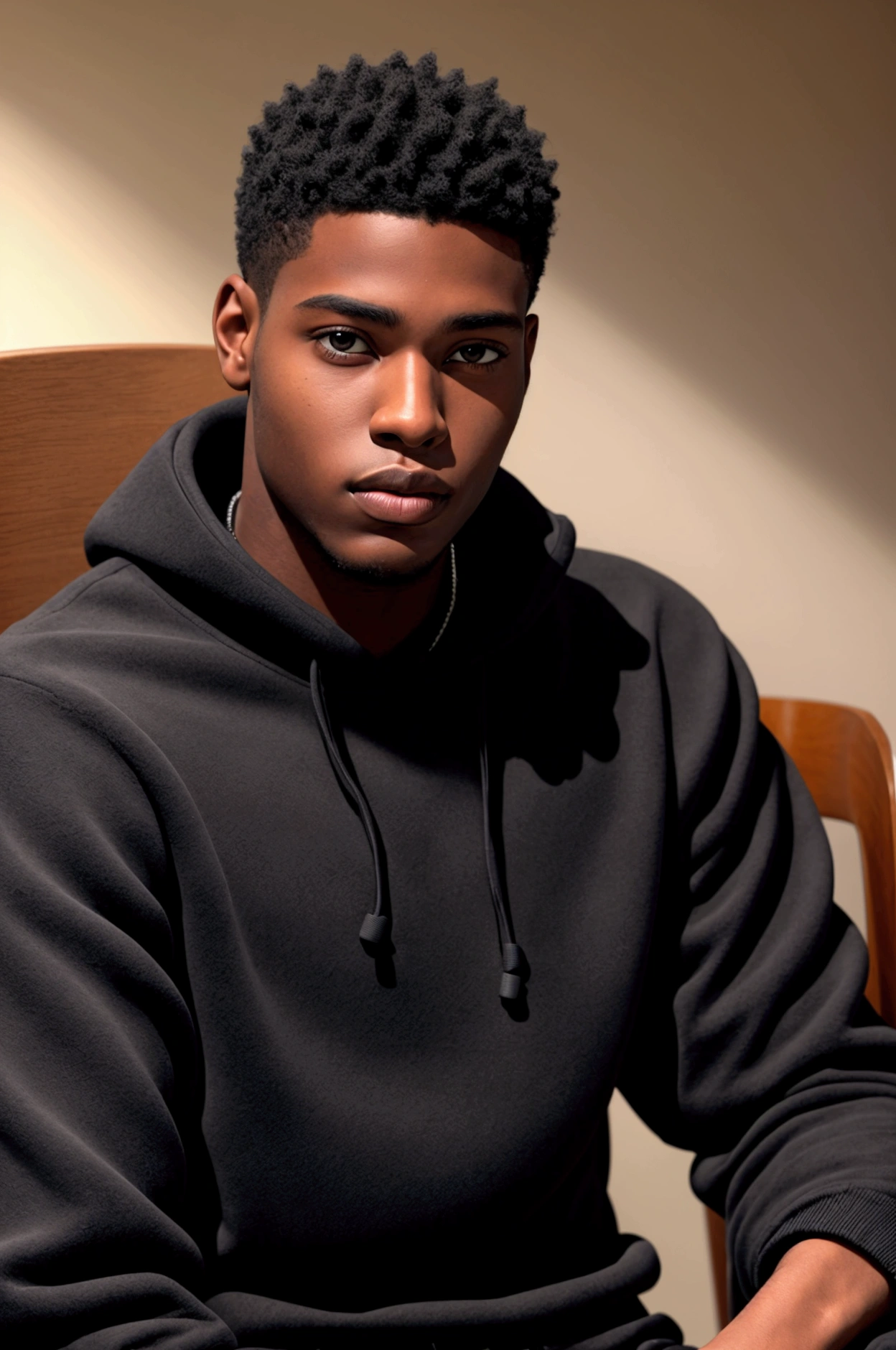 Young man sitting on a chair, looking at the camera, front view of a young man; Make a boy of about 23 years old, realistic, he is black, he is wearing a black sweatshirt, short straight hair. He is looking straight ahead, close to the camera lens.