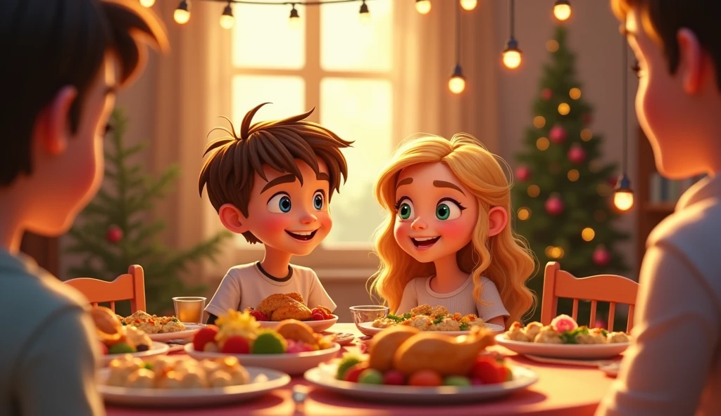 3d cinematic cartoon, a 18 year old boy , 18 year old girl eating dinner in a dining table , many very tasty dishes present , parents, fastival