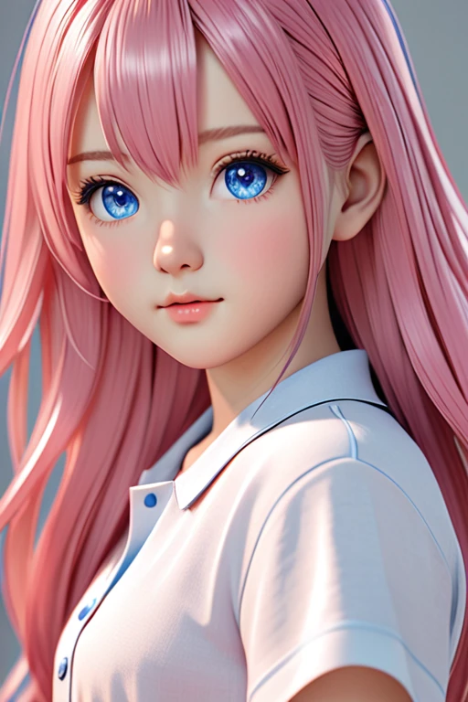a girl with long pink hair and blue eyes wearing a shirt, long straight hair, realistic anime 3 d style, 8k high quality detailed art, anime styled 3d, deviantart artstation cgscosiety, 3 d anime realistic, kawaii realistic portrait, realistic hair, smooth anime cg art, photorealistic anime girl render, render of a cute 3d anime girl