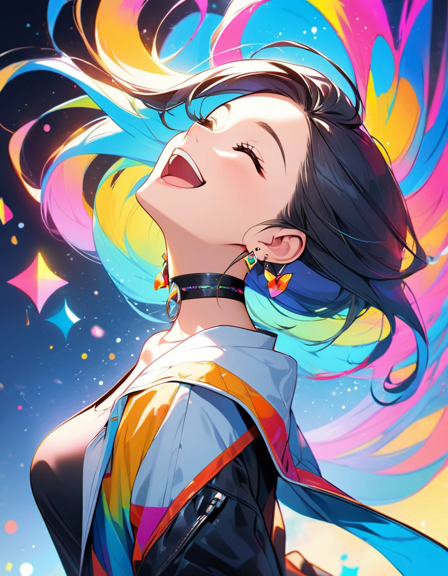 best quality, beautiful, 8K, very happy face, smile open mouth, close eyes, looking back, looking up, slim, jacket, earrings, choker, concept, colorfull