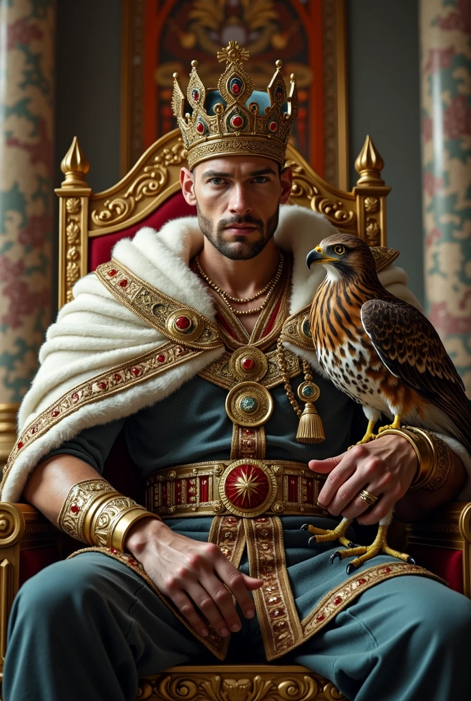 Imposing, strong, and handsome emperor with European features wearing a crown and holding a scepter sitting on a throne with a falcon.