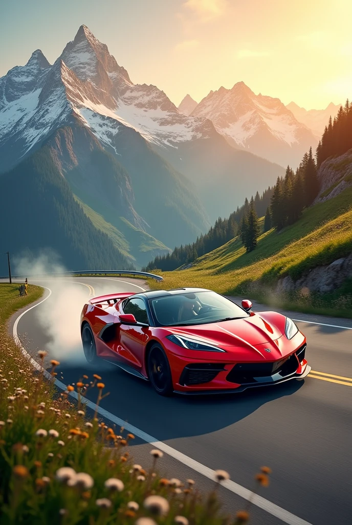 Super car racing in the middle of beautiful mountains