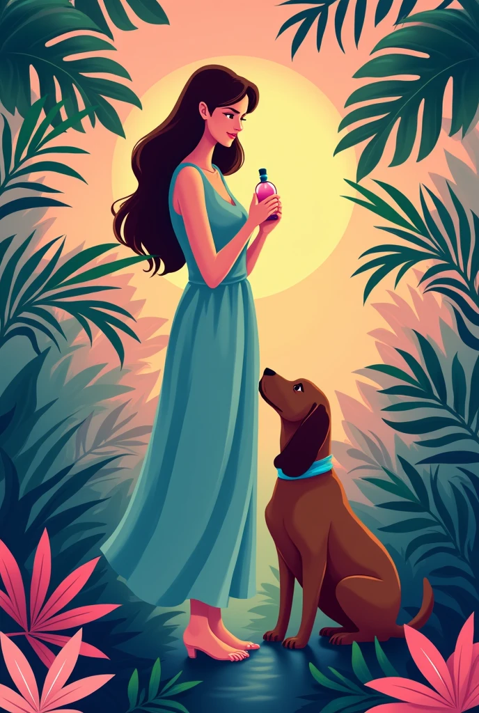 Minimalist illustration with green colors , purples , pinks and blues of a woman with brown hair , A slightly chubby woman holding a bottle of perfume while a brown cocker spaniel with a blue collar tries to sniff it. , facing a tropical forest with exotic leaves , Palmas , flowers and the sunset