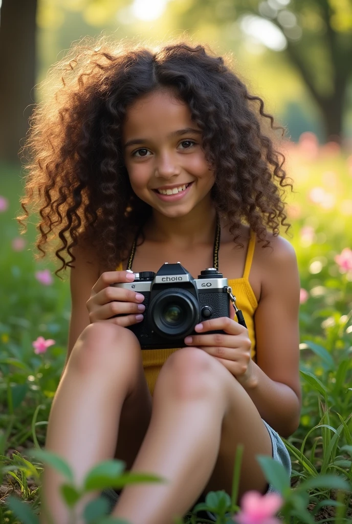 A brunette girl with curly hair and big breasts sits with her legs stretched out, taking a realistic photo