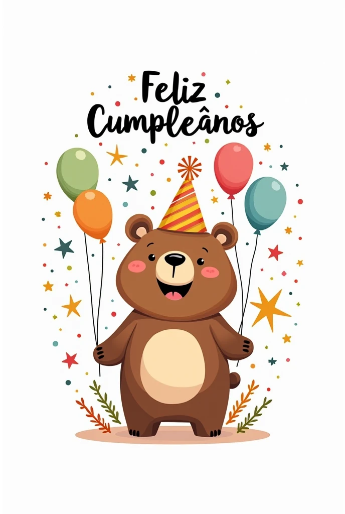 Image with a bear in the middle that says happy birthday Matías Adán In Spanish with a white background With a round shape Write well in Spanish Write well Matías Adán 

