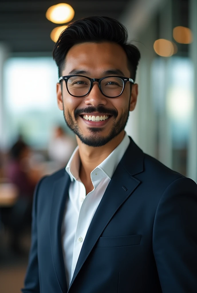 1boy,30 ages ,people of VietNam descent, handsome male, face, beard, office background, wearing glasses, suit outfit, very attractive, blurry_background, (high detailed skin:0.8), 8k uhd, dslr, soft lighting, HDR, warm light, high quality, film grain, Fujifilm XT3,