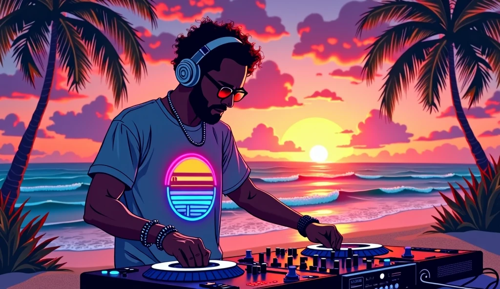 artistic illustration, a DJ , in the background a beach with a sunset, neon energy