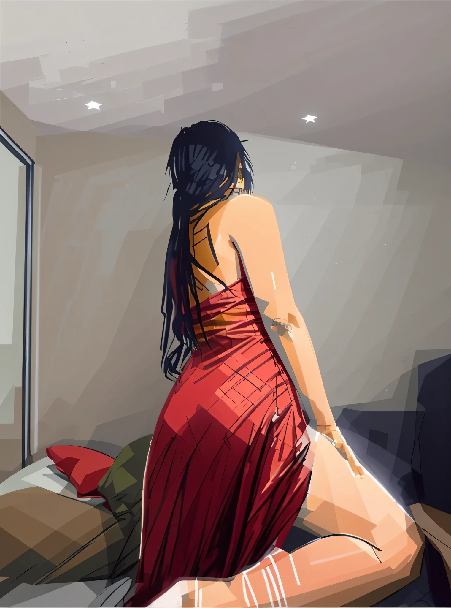 there is a woman in a red dress posing on a bed, 18 years old, ayahausca, 2 2 years old, sexy dress, sexy gown, 1 8 yo, 21 years old, , very sexy, 2 3 years old, backview, sexy look, 2 4 years old, photo taken from behindHD, (Best Detail), (Best Quality), WPAP style, color coordination,