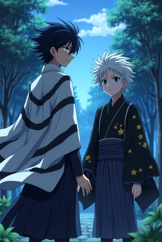 screeshot screencap anime Kimetsu no Yaiba, two people, first person: Iguro Obanai, black hair, yellow and blue eyes, wearing a demon hunter outfit with a white haori with black horizontal stripes. Second person:. Boy with messy white hair, gray eyes, wearing a demon slayer outfit along with a black haori with star patterns.