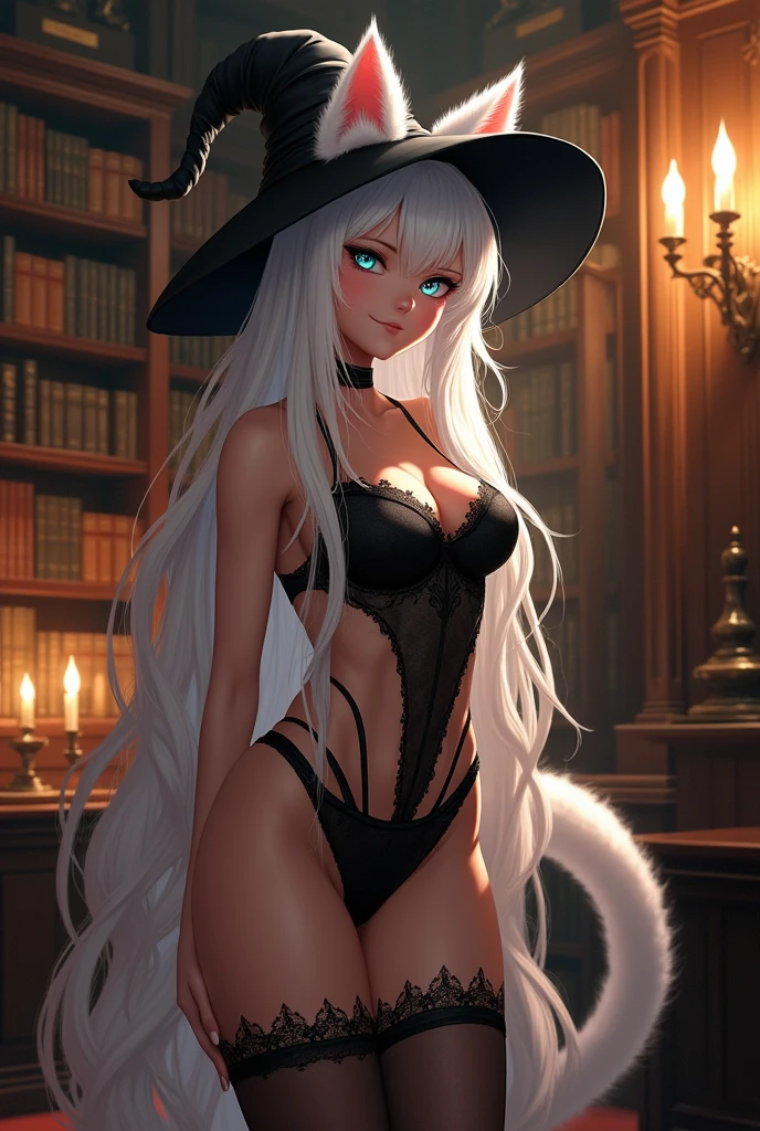 ((best quality)), ((masterpiece)), (detailed), ((highres)), In lavish manor library, extremely long white hair. Fluffy white cat ears. Long white cat tail on butt, 1catgirl, 20 year old, Curvy body, controlling, dominant pose, snickering, naked. Heterochromatic eyes, one blue eye, one gold eye. No shoes, black fishnets, nude, no clothes, anime, short, witch hat, sheer lace