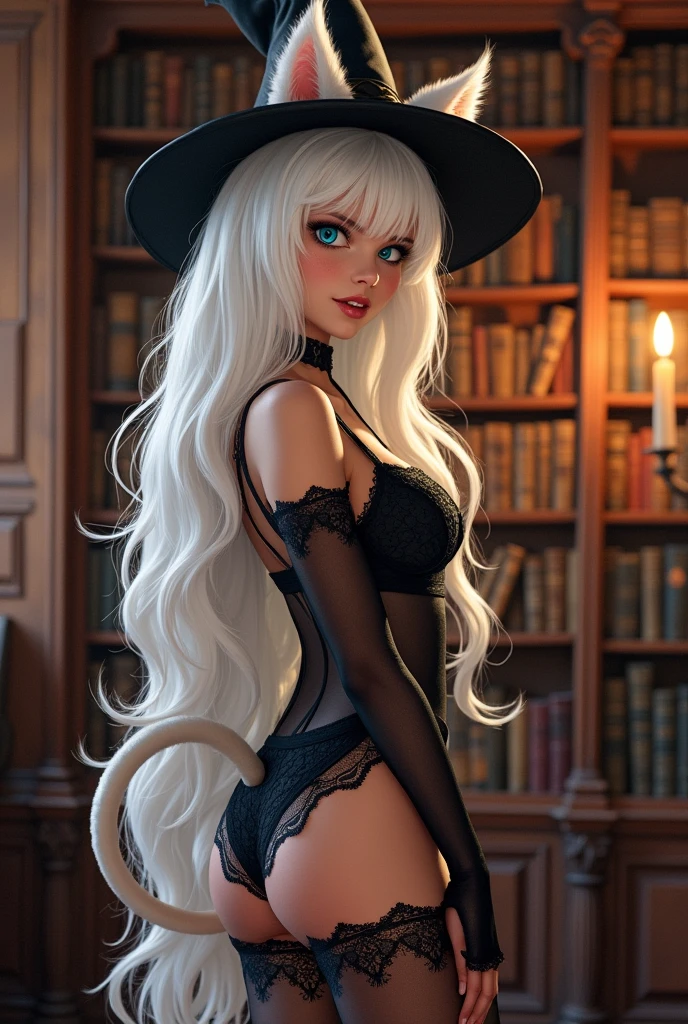 ((best quality)), ((masterpiece)), (detailed), ((highres)), In lavish manor library,  extremely long white hair. Fluffy white cat ears. Long white cat tail on butt, 1catgirl, 20 year old, Curvy body, controlling, dominant pose, snickering, naked. Heterochromatic eyes, one blue eye, one gold eye. No shoes, black fishnets, nude, no clothes, anime, short, witch hat, sheer lace 
