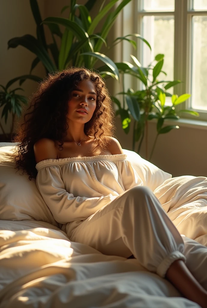 (photorealism:1.2), beautiful woman, sitting on bed, wearing loose off-shoulder top, pajama pants, long curly hair, indoors, soft lighting, plants in background, window with sunlight, cozy room, relaxed pose, realistic, intricate details, warm colors, by Greg Rutkowski, by Alphonse Mucha