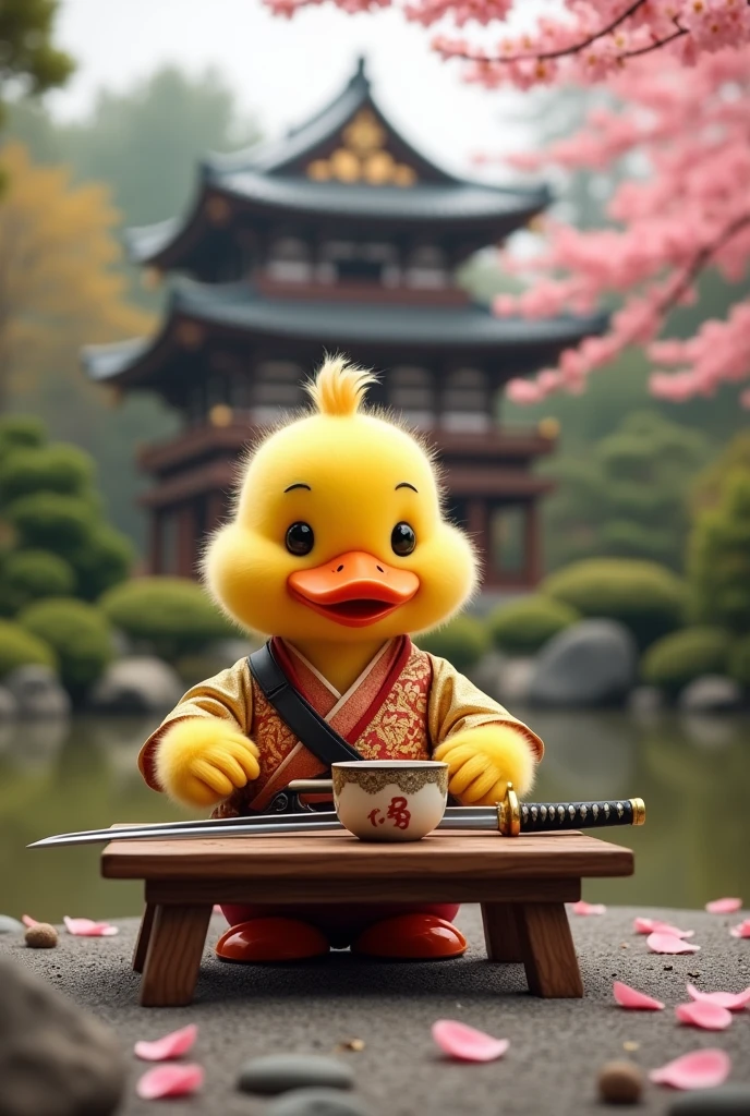 Yellow soft fur duck with pony tail hair wearing gold and red samurai costume sitting behind apanese table in front, japanese tea cup and japanese sword on the japanese table, zen garden background with japanese castle