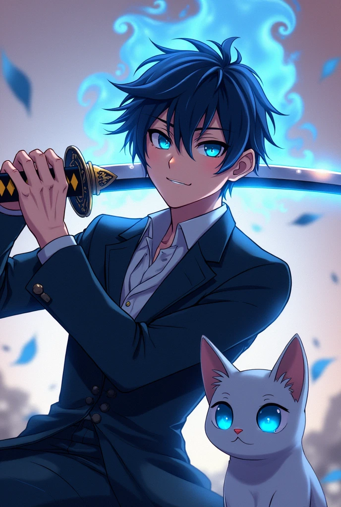naughty man, mellow, com terno preto, blue eyes and short messy black hair, he wields a Japanese sword and has a blue-eyed cat. On this man's forehead is a blue flame and his sword is imbued with the same flame. Make anime style
