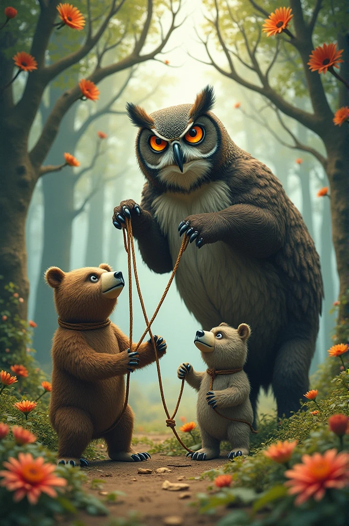 An aggressive owl tying up a bear and an elephant