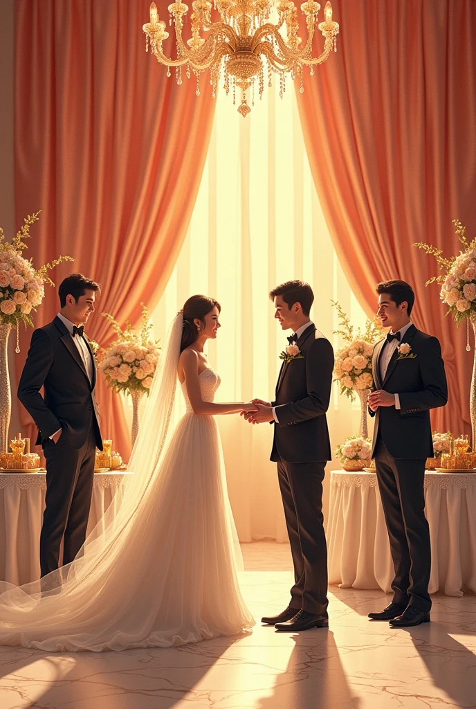 A woman's hand with 5 fingers wearing one ring marrying 5 grooms, scene in the wedding hall manhwa version