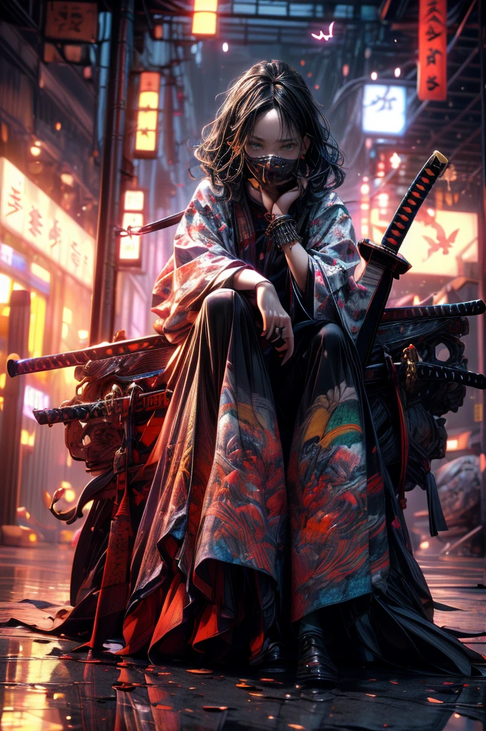 (Masterpiece: 1.2), highest quality, CG, 3D, samurai girl, samurai girl, weapon, holding a sword, solo, holding, black hair, holding a weapon, forehead, bug, sword holding, butterfly, mask, girl 1 person, long sleeves, shining, reflective floor, katana, outdoors, facing viewer, long hair, reflection, sitting, full body, wide sleeve, jewelry, sheath, one knee, beads