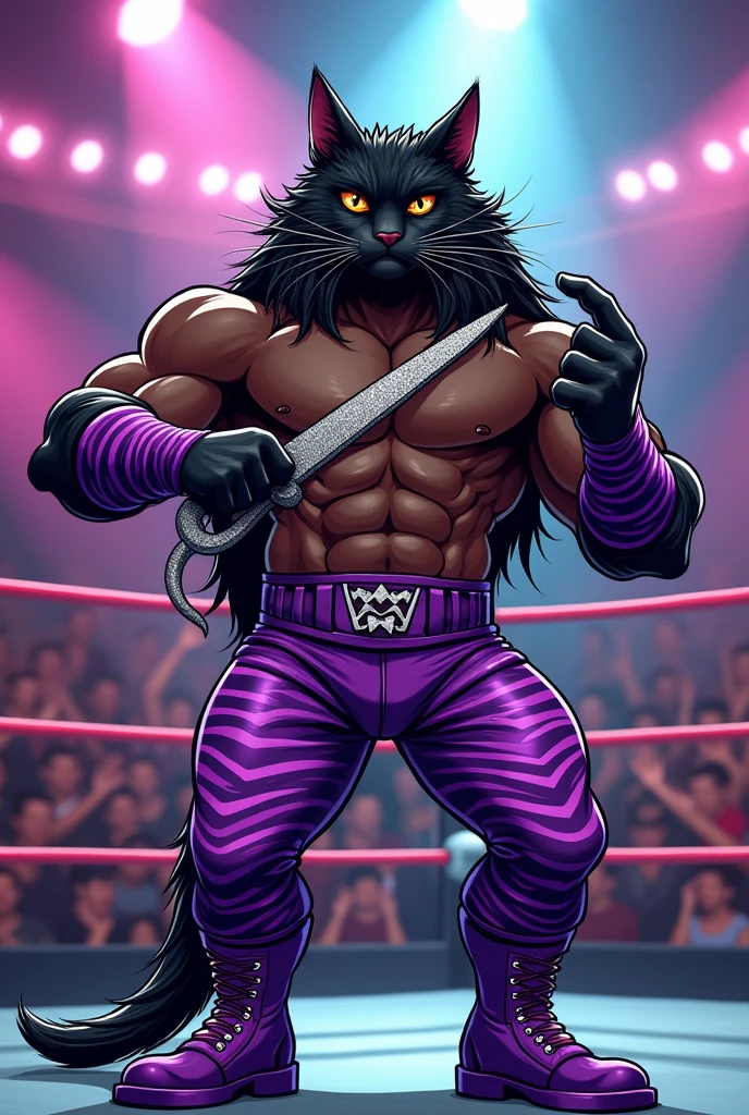 Cartoon bobcat dressed like WWE wrestler Brutus Beefcake , with a muscular black bobcat body, purple tiger striped arm sleeves, purple tiger striped pants, with long black hair and holding giant scissors