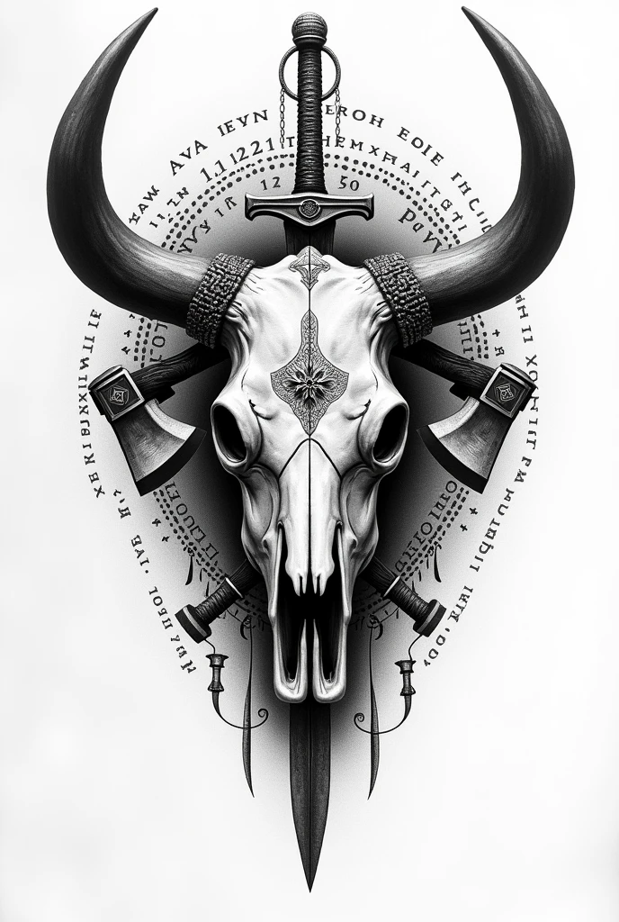 Create a black and white pointillism tattoo of a Viking cow skull with a warrior's face in pointillism, featuring runes and medieval weapons in pointillism.