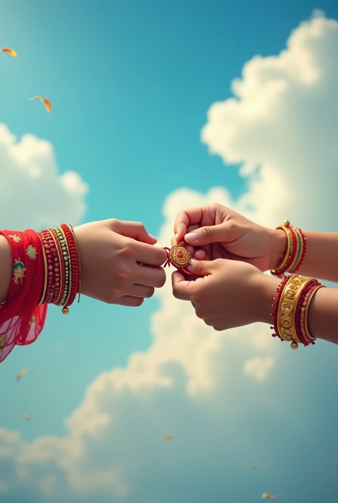 A real imagery of two hands of brother and sister, sister hands tying rakhi on brother hands, In blue sky background , on occasion of rakshabandhan