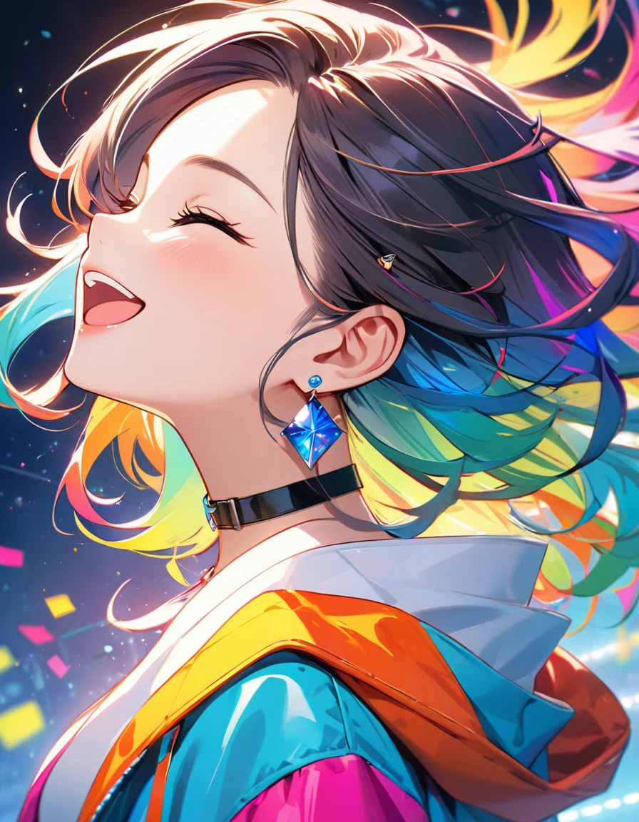 best quality, beautiful, 8K, very happy face, smile open mouth, close eyes, looking back, looking up, slim, jacket, earrings, choker, concept, colorfull