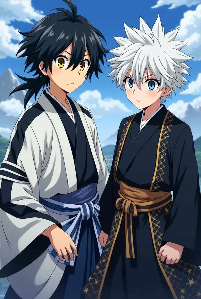 screeshot screencap anime Kimetsu no Yaiba, two people, first person: Iguro Obanai, black hair, yellow and blue eyes, wearing a demon hunter outfit with a white haori with black horizontal stripes. Second person:. Boy with messy white hair, gray eyes, wearing a demon slayer outfit along with a black haori with star patterns.