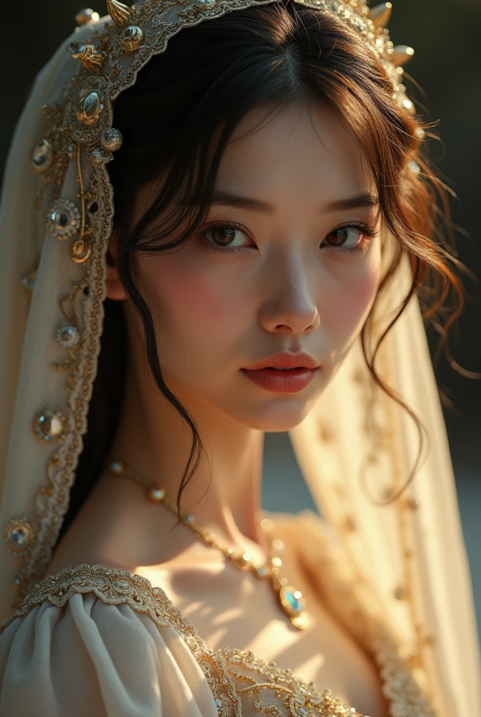 sakimichan style, wlop style, portrait, finely detailed face, beautiful woman, plump lips, opaque veil, medieval veil, headrail, 12th century, heterochromia eyes, iridescent eyes, medieval clothing, bliaut, lord of the rings gown, close to perfection, beautiful anime style, character panorama, clean and detailed face, glowing shadows, beautiful gradients, depth of field, clean Graphics, high quality, high detail, high definition, Luminous Studio graphics engine
