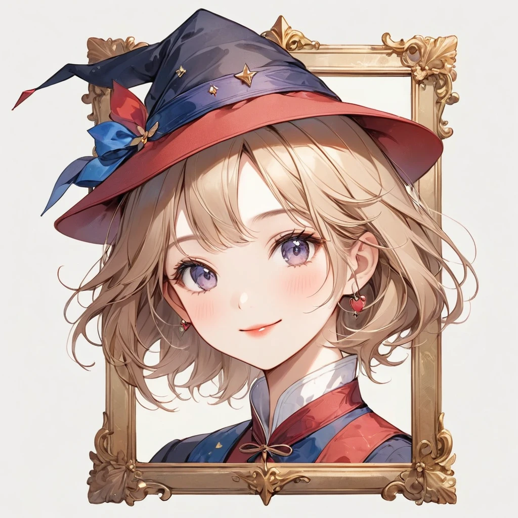 (Blank Background:2),(White background:2), (No background:2),1 female、Around 20 years old、human、(whole body:1.5)、(((Draw within the frame、Draw to fit within the canvas)))、Abstract art, (((The most beautiful girl of all time))), Cute Face. Lips in Love, Stylish design、witch、witchの服装、witchの帽子、Small hat、Smile、Tarot card style、antique、antique調、antiqueデザイン、Picture Frame