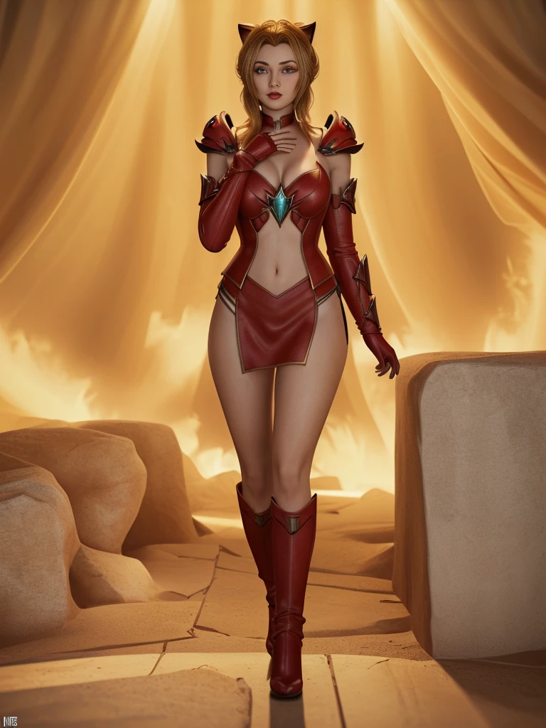 A close-up of a person wearing red clothing and a cat, 3D Character Reference Table, Feminine body, Red Devil Armor, full body devil woman, Actress, Lady in red armor, Deep Crimson Aura, Skinny red leather armor, Crimson Attire, comic book:.2 | Unreal Engine:.3