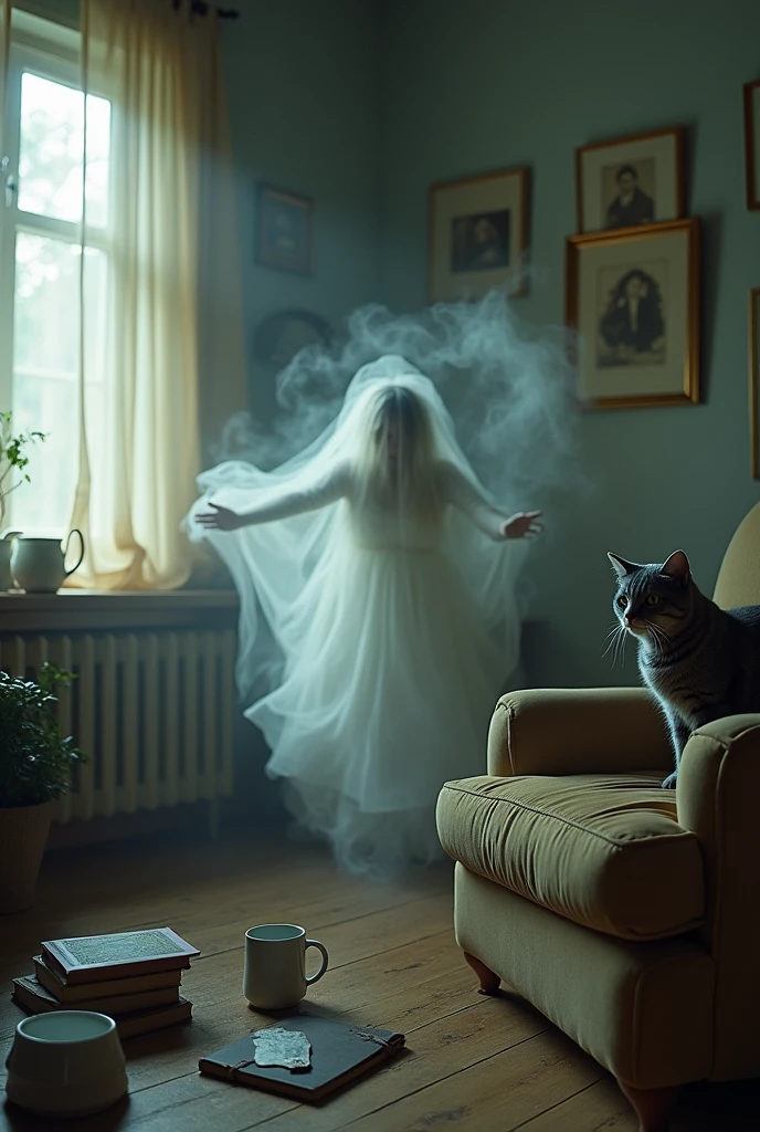 A ghost of a person making a mess in the living room with one gray cat looking at it