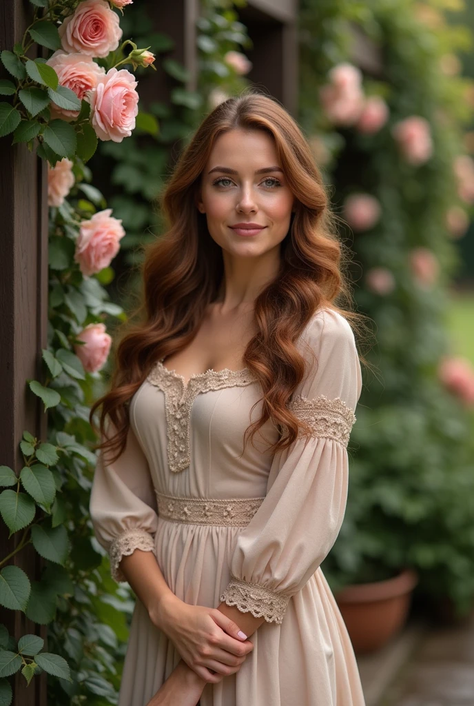 "Generate an image of an exceptionally beautiful British woman. She should have a classic and refined look, with striking features and a graceful presence. Her long hair should be styled elegantly, and she should exude a sophisticated charm and poise."