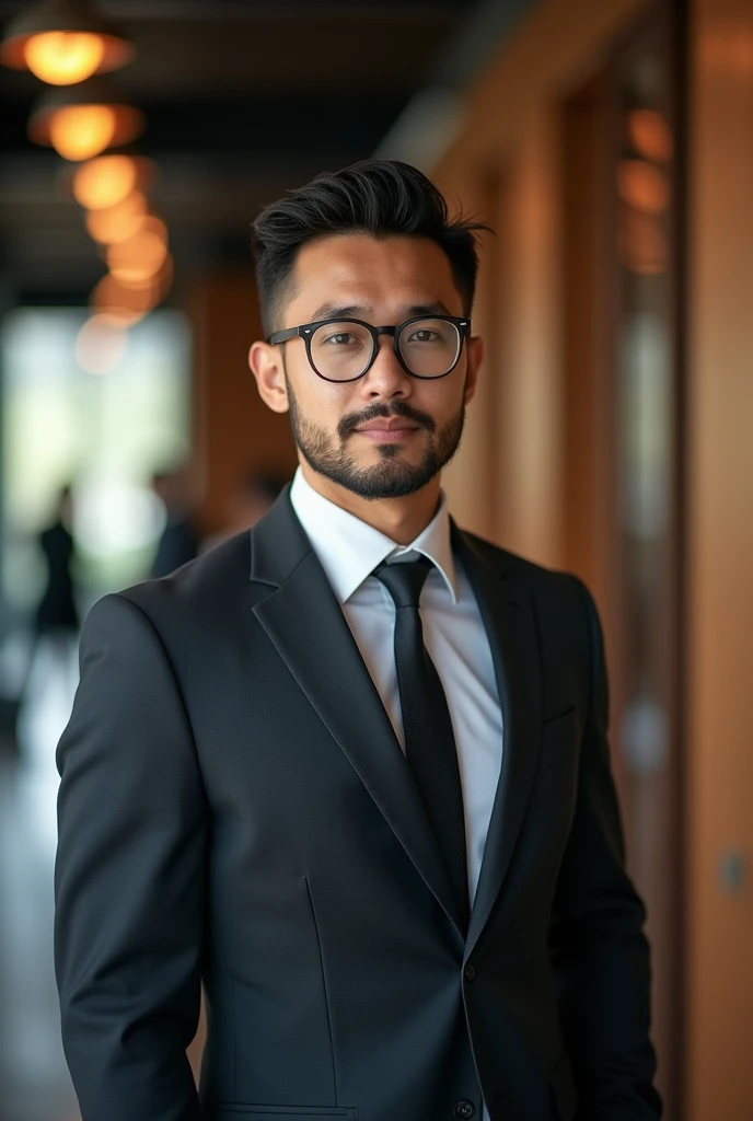 1boy,30 ages ,people of VietNam descent, handsome male, face, beard, office background, wearing glasses, suit outfit, very attractive, blurry_background, (high detailed skin:0.8), 8k uhd, dslr, soft lighting, HDR, warm light, high quality, film grain, Fujifilm XT3, 