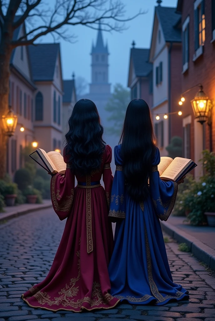 Make me two friends with their backs to me, each one reading a book, Let the books be seen, one with shoulder length wavy hair and the other with long hair, straight hair, Both with black hair and dress them as witches without hats with a Disney style and magic and old like the Middle Ages and the landscape of Salem
