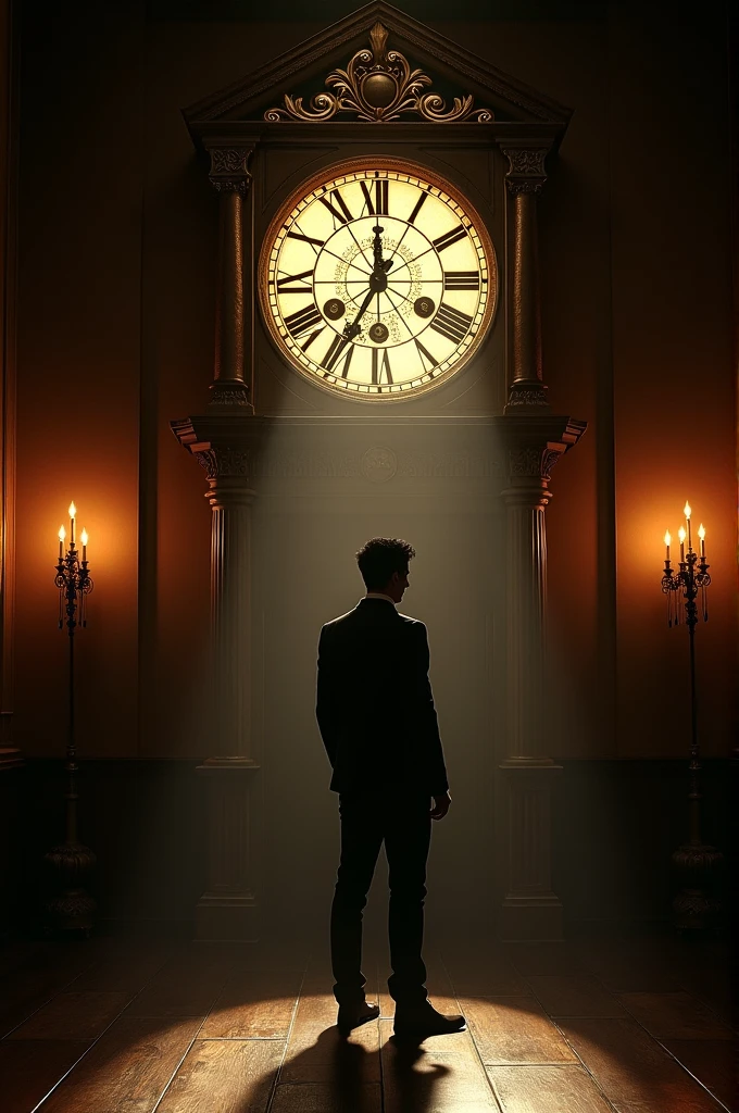 A human shadow standing in front of a large antique clock