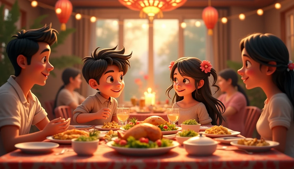 3d cinematic cartoon, a 18 year old boy , 18 year old girl eating dinner in a dining table , many very tasty dishes present ,  parents, fastival , more space full view 