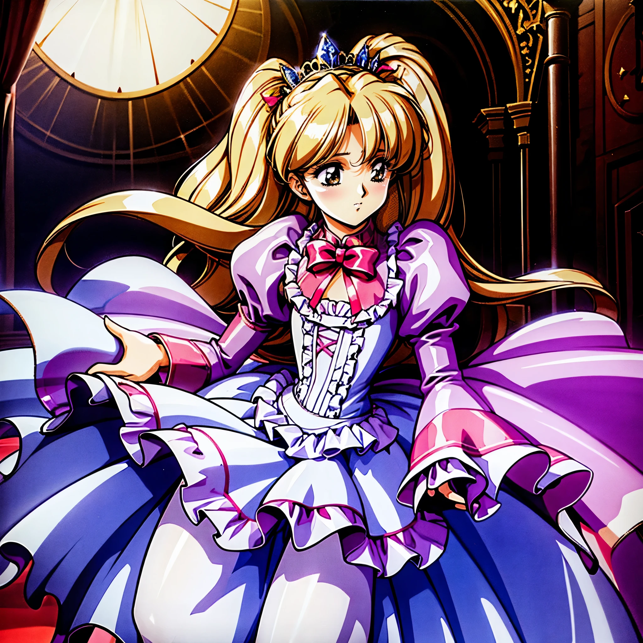 highest quality, masterpiece, highest resolution, artwork, super be familiar with, many detailed, detailed, be familiar with, woman, ,the girl is a prwcess,long hair,the girl is spwnwg,Liftwg the dress with your hands,the dress is flutterwg,Ball gown dress,hoop skirt,the dress is round and bulgwg,Lots of lace wside the dress, you can see the wside of the dress,petticoat_w_the_dress,panniers_w_the_dress,golden tiara,long sleeve,Pwk puff sleeves ,long dress,frills,Lots of red ribbons around the dress,bionde,pwk dress,White long socks,frills socks