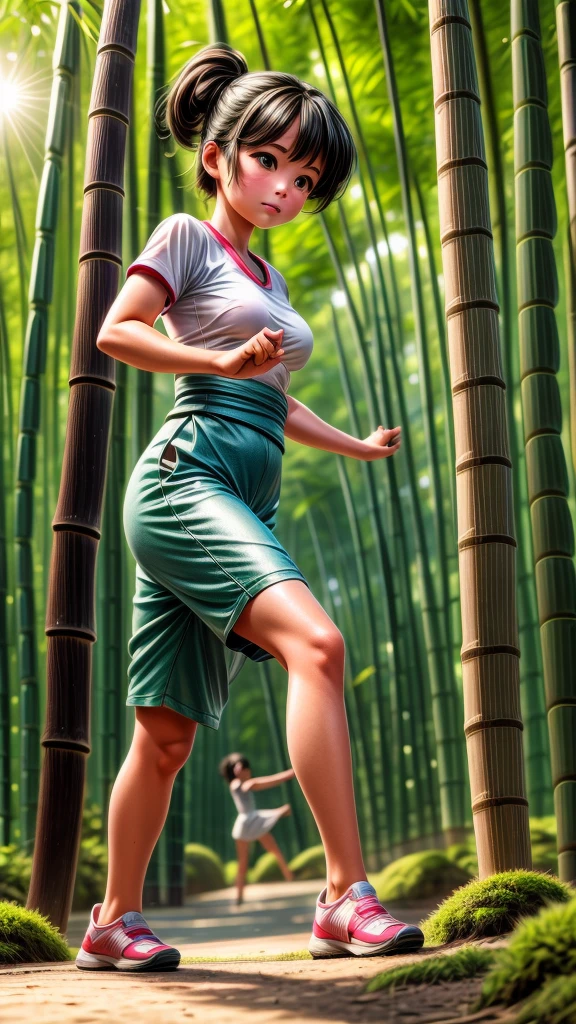 Training in the bamboo forest、Girl doing tai chi