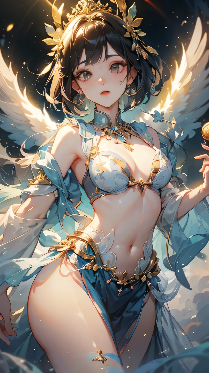 Fantasy,8k,Highly detailed CG unit wallpaper, masterpiece,High resolution,Highest quality,Highest quality real texture skin,,Increase the resolution,RAW Photos,Highest quality,Very detailed,wallpaper,Cinema Lighting,Ray Tracing,Golden Ratio, Very colorful,Colorful, otherworldly, extremely, Cute anime face, (((Flat Chest))), (Flat Chest:1.1),((((Short Bob Hair)))),Complex eyes,Beautiful attention to detail,Symmetrical eyes,(((Detailed aspect))),Beautiful lip detail, Young Face,,Pretty face, (((Embarrassing))),(Dancing lightly),(My heart is pounding with anticipation.)、White transparent god with visible nipples々New one piece,(very noble ,, godliness,Three thousand worlds,infinite happiness,joy,no gravity,milky way,background\(heaven\),in the Thick Fog,(Thick Fog:1.5)\),\(below heaven,look up\),(Thick Fog:1.5),Empty is color,Ameno-Uzume-no-Mikoto,Wide-angle lens,Wide composition,The life of a woman in heaven,Lotus flower in full bloom,5th Dimension,Soaring on the back of a phoenix