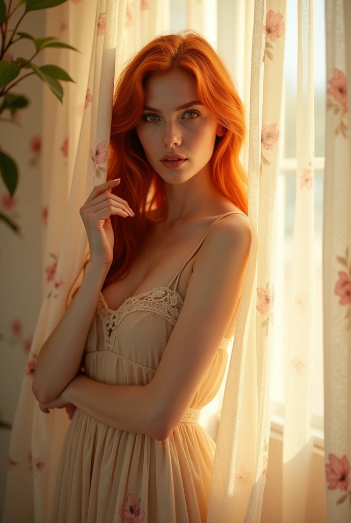 super beautiful naked redhead woman, behind the curtain