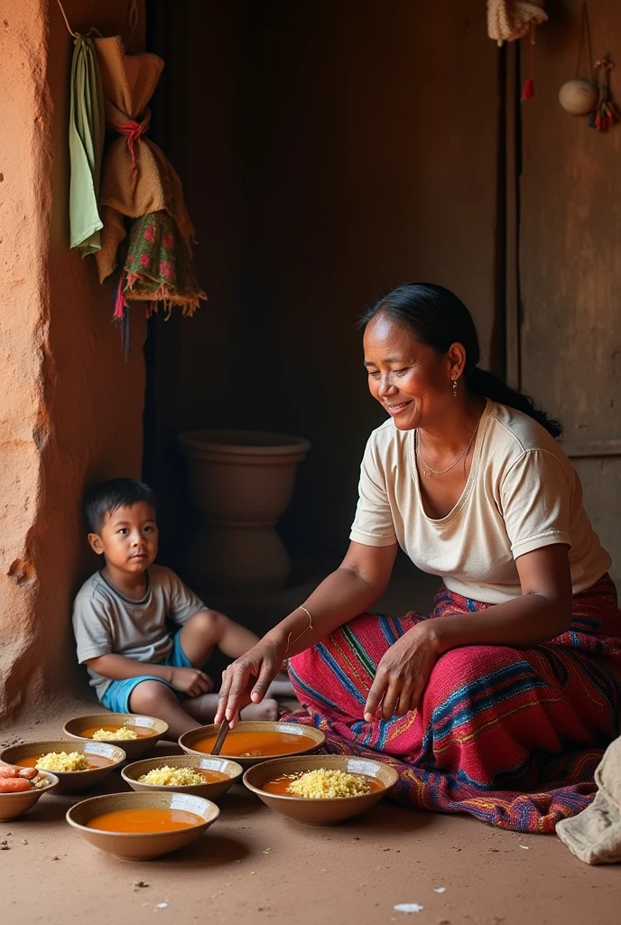 Woman in a skirt cooking in a clay kitchen (She's done) on the floor for her 3--old ldren, They are poor Bolivians, She serves the food. 