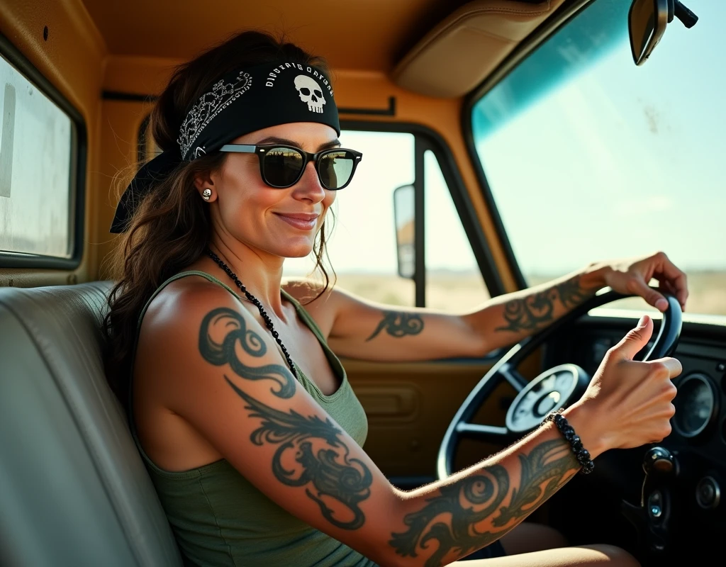 A big-sister type beautiful mature woman trucker is driving through the white wilderness of Arizona in a long-distance truck with a rugged body and flashy decoration towing a tank trailer. She wears a Bandana with white skull pirate mark on black background on her forehead, mirrored sunglasses lightly on top of it, a dog tag around her neck, a worn moss green tank top over her large breasts, and is driving with just one hand. She is giving a thumbs up with her left hand stretched out from the left window. Her clear blue eyes are narrowed as if they are dazzled by the strong sunlight under the mirrored sunglasses hanging on her forehead.,1mature woman, solo, Wild bitch MILF, Veteran female truck driver, The arrogant expression of a cigarette in its mouth, Black tribal tattoos from neck to shoulders, A shot from the side of the driver's seat of a moving huge truck.,