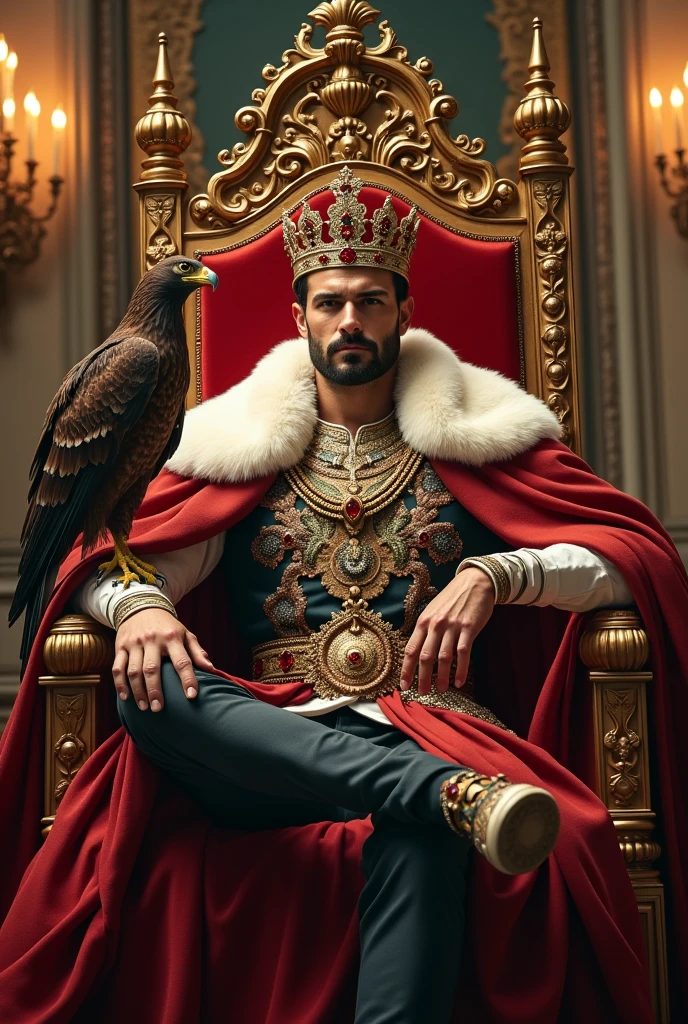 Imposing, strong, and handsome emperor with European features wearing a crown and holding a scepter sitting on a throne with a falcon.