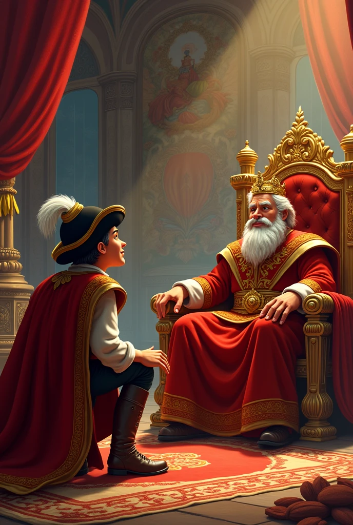 Create Christopher Columbus kneeling and speaking before a king on his throne but in an animated way