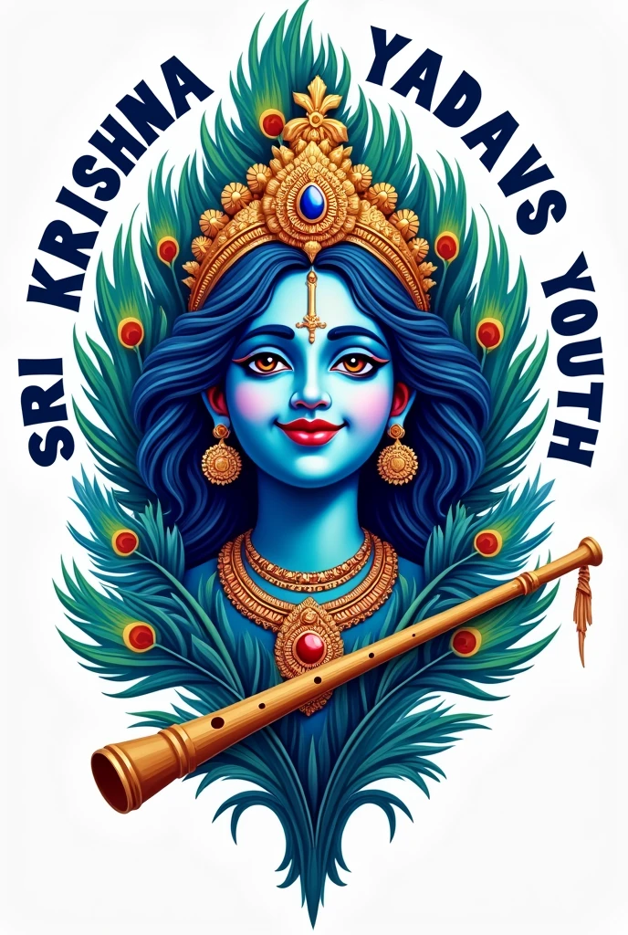 Create a logo for youth with text SRI KRISHNA YADAVS YOUTH include some elements like krishnas face and peacocks feather and flute with combination of blue color create uniquely 