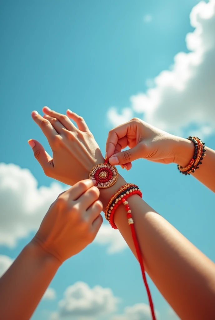 A real imagery of two hands of brother and sister, tying rakhi on brother hands, In blue sky background , on occasion of rakshabandhan