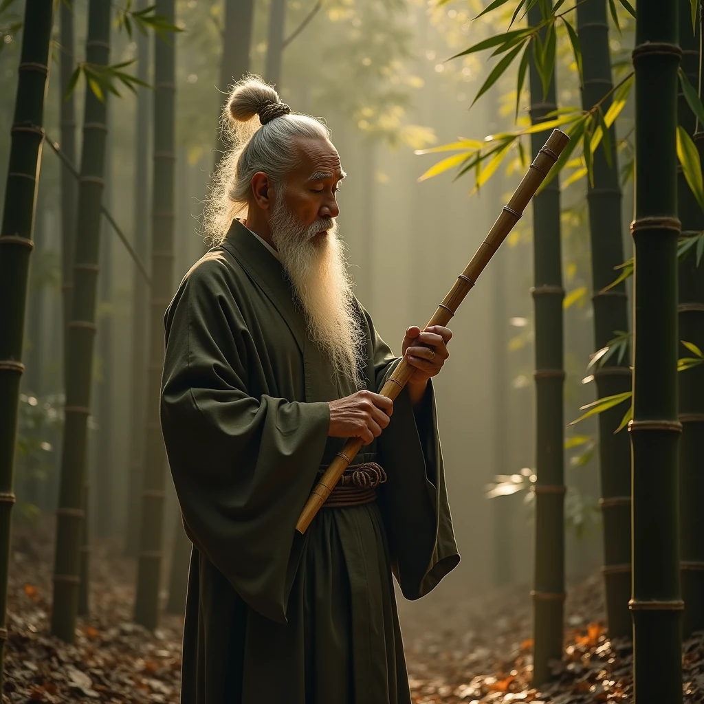 (A scene of a bamboo forest with a fantastical atmosphere;1.2)、Cool sounds echo from the bamboo grove.、An old man, a spirit of the bamboo, plays a bamboo flute.、Bamboo leaves rustle and fall in time with the melody.、The old man wears a strange garment, resembling both a Japanese kimono and a hermit's robe.、(In the bamboo forest shrouded in morning mist:1.2)、(Highest quality、masterpiece)、4K、wallpaper、