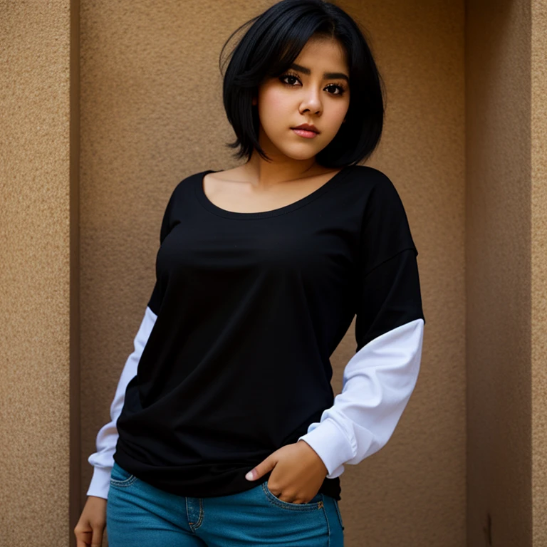 Full body photo, beautiful detailed, cute face, short, slim Mexican teen, medium black hair, black hair over one eye, long sleeve T-shirt, long pants, solo, voluptuous breasts, emo